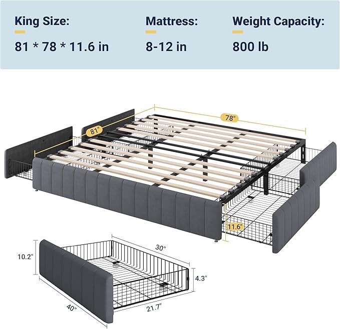 Allewie King Size Platform Bed Frame with 4 Large Storage Drawers, Velvet Vertical Channel Tufted Upholstered Bed Base, Wooden Slats Support, Noise-Free, No Box Spring Needed, Easy Assembly, Grey