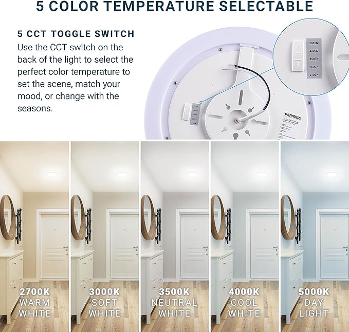 PARMIDA (2 Pack) 12 Inch LED Flush Mount Ceiling Light with Night Light, 30W, ETL, 5 Color Selectable 2700K/3000K/3500K/4000K/5000K, 2400LM, Dimmable, Ultra Thin Round Modern Flat Panel, White Finish