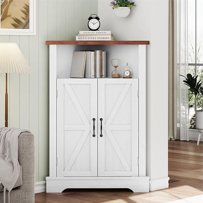 Smuxee Bathroom Corner Storage Cabinet, Farmhouse Floor Corner Cabinet with Barn Door and Adjustable Shelf, White Narrow Cabinet Organizer for Bathroom, Living Room, Kitchen