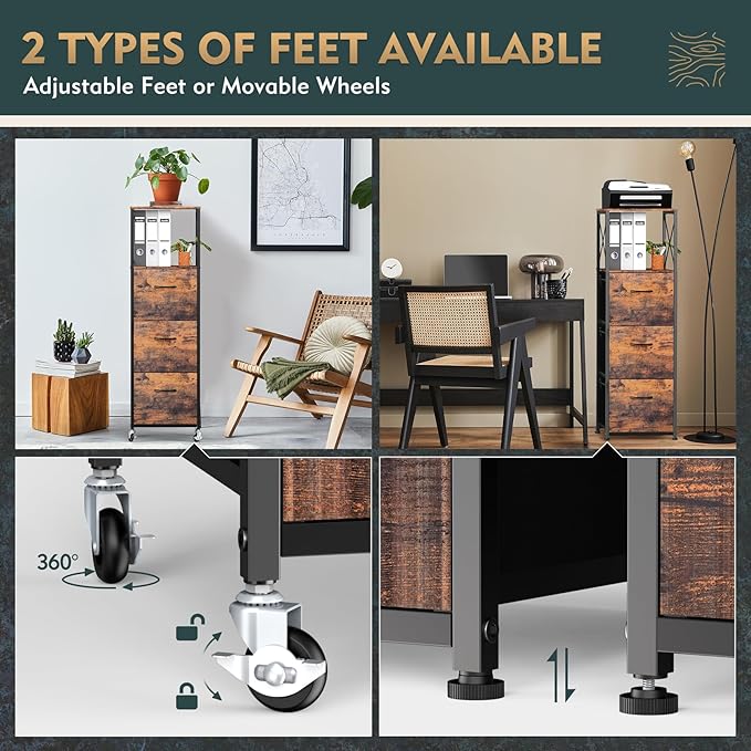 3 Drawers File Cabinet, Vertical Filing Cabinets for Home Office, Drawer with Adjustable Hanging Rail, A4/Letter Size Hanging File Folders, Open Shelf, Mobile Printer Stand, Rustic Brown