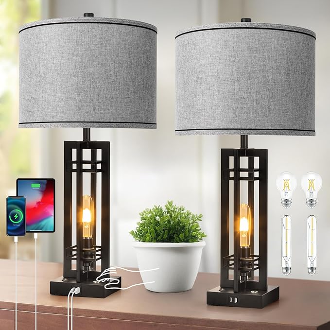 27" Touch Control Farmhouse Table Lamps, Set of 2 Tall Rustic Table Lamps 2-Light Design with USB A+C Ports, Bedside Lamps with Grey Shade for Living Room Home Office, 4 LED Bulbs Included