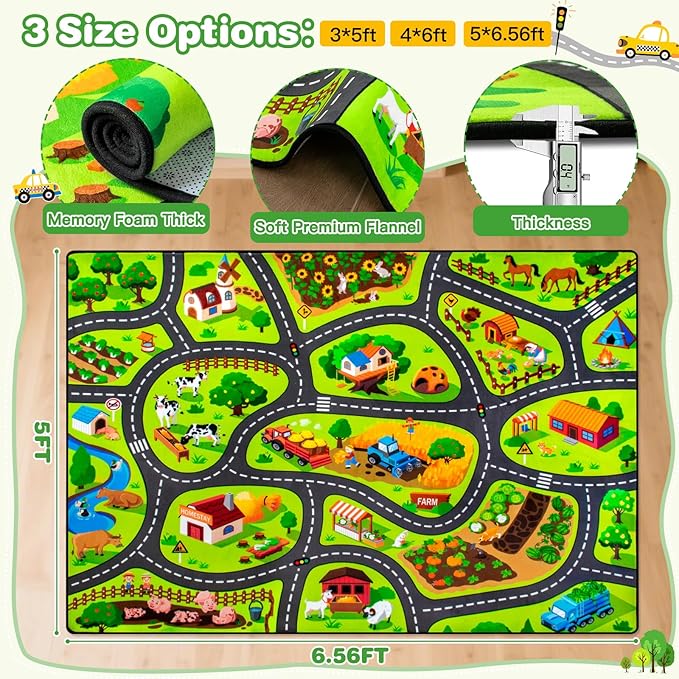 Kids Farm Play Rug, 5' x 7' FT Happy Farm Activity Playmat, Extra Thick (0.4in) - Non-Slip Car Rugs for Kids' Toy Cars, Educational Play Mat Race Track Carpet for Kid's Room, Bedroom and Learning