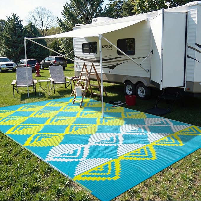 Beeiva Outdoor Rugs 8x10 Waterproof, Modern Geometric Reversible Plastic Straw Patio Mat, Large Foldable Outside Rug for Camping, Porch, Deck, Backyard, Balcony, Picnic - Blue & Yellow