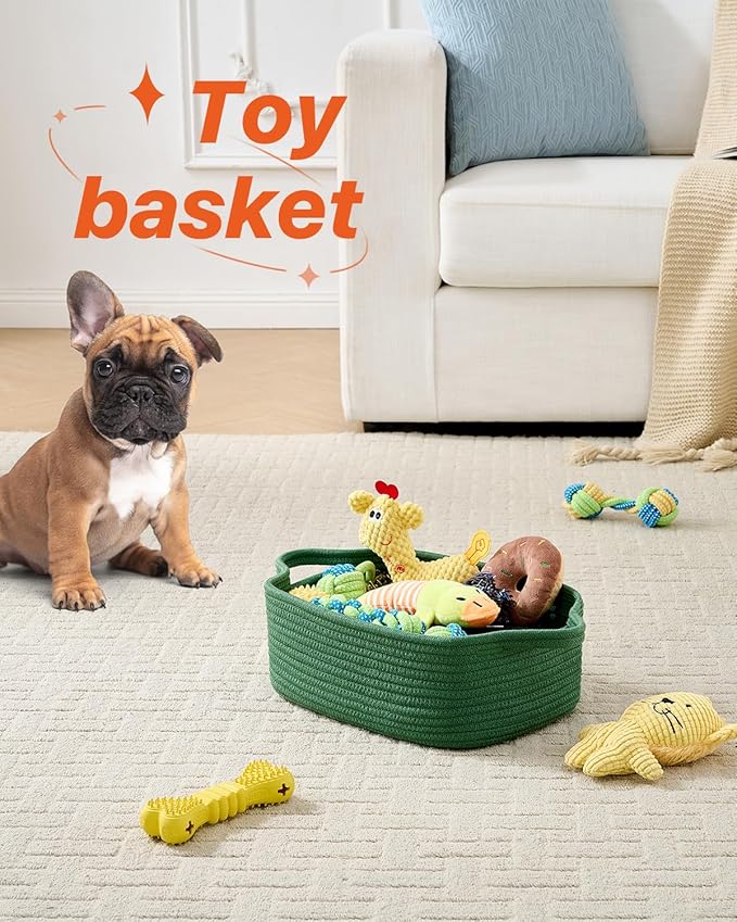 KALLAX Small Woven Basket, 12 x 8 x 4.5 Inches, Small Storage Baskets for Organizing, Gift Baskets Empty, Cute Rope Shelf Closet Storage Bins for Shelves, Dog Toy Basket, Green