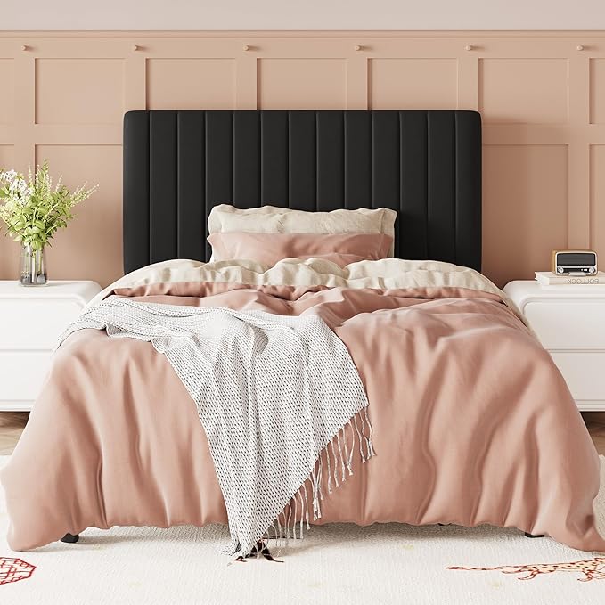 Allewie Twin Bed Frame, Velvet Upholstered Platform Bed with Adjustable Vertical Channel Tufted Headboard, Mattress Foundation with Strong Wooden Slats, Box Spring Optional, Easy Assembly, Black