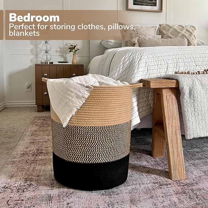 INDRESSME Laundry Basket Large Laundry Hamper, Woven Baskets for Storage, 17.8" x 15.8" x 13.8", Wicker Laundry Basket for Living Room, Dirty Clothes Basket, Baby Hamper for Nursery, Black & Jute