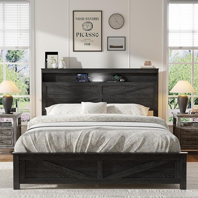Farmhouse Wooden Bed Frame Queen Size with Storage Headboard, Boho Platform Bedframe with LED Lights and Charging Station, Metal Slats Support, No Box Spring Needed, Black