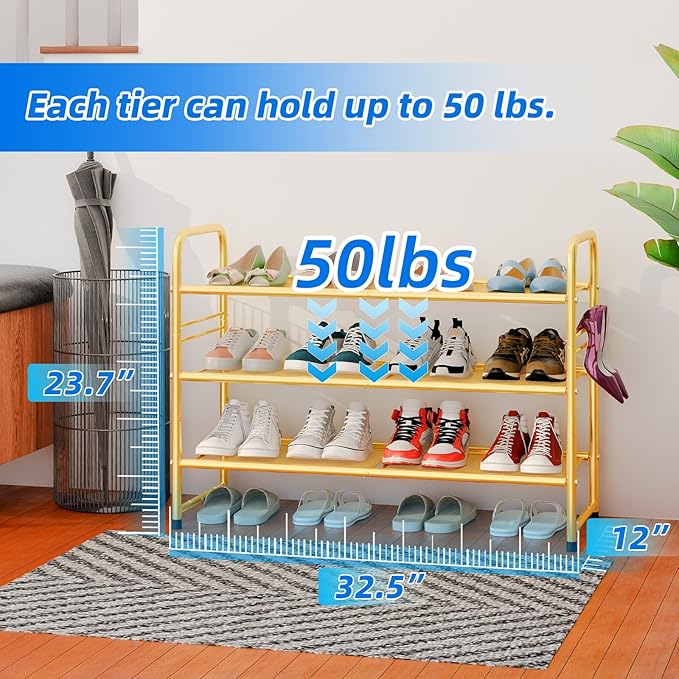 SUFAUY Shoe Rack for Closet, 33 inch Metal Shoe Rack Organizer Heavy Duty, 3 Tier Mesh for Shoes, Gold