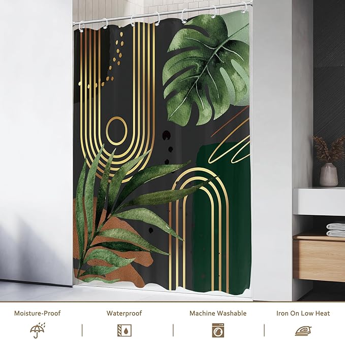 Glawry Dark Green Gold Boho Mid Century Shower Curtain Small Stall RV Narrow Abstract Minimalist Geometric Modern Leaf Bathroom Simple 48Wx72L Inches Bath Accessories Art Home Decor Fabric 8 Pack Hook