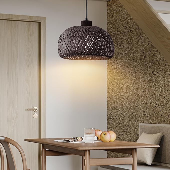 Black 18inch Bamboo Rattan Pendant Light, Hand-Woven Wicker Boho Hanging Ceiling Light Fixture, Pendant Lamp Rustic Farmhouse Chandelier for Kitchen Island, Dining Room, Living Room