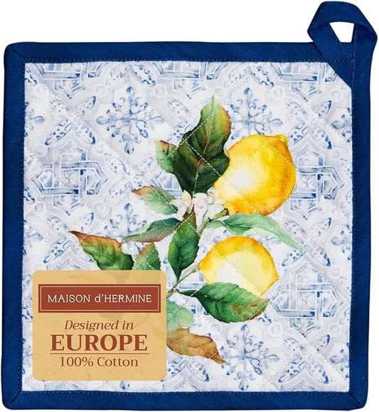 Maison d' Hermine Pot Holders 100% Cotton Heat Resistant Potholders 8" x 8" Hot Pads with Loop BBQ, Cooking, Baking, Grilling, Kitchen, Handling Hot Pans Spring/Summer (Pack of 1, Citrus)