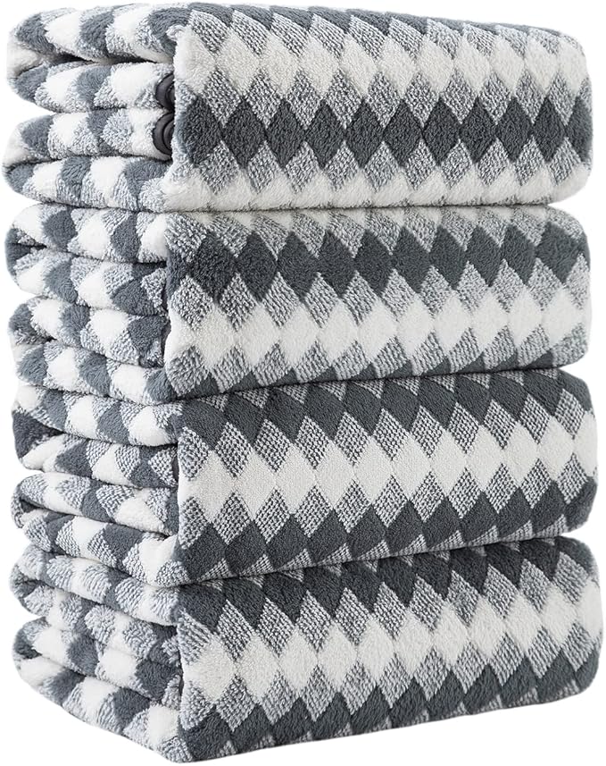 Grey Bath Towels Set of 4, Towels Large Bathroom 35X70in 600 GSM Quick Dry Towel Microfiber Thick Bath Towel Diamond Pattern Super Soft Absorbent Bath Sheets Towels for Adults Bathroom Spa Hotel