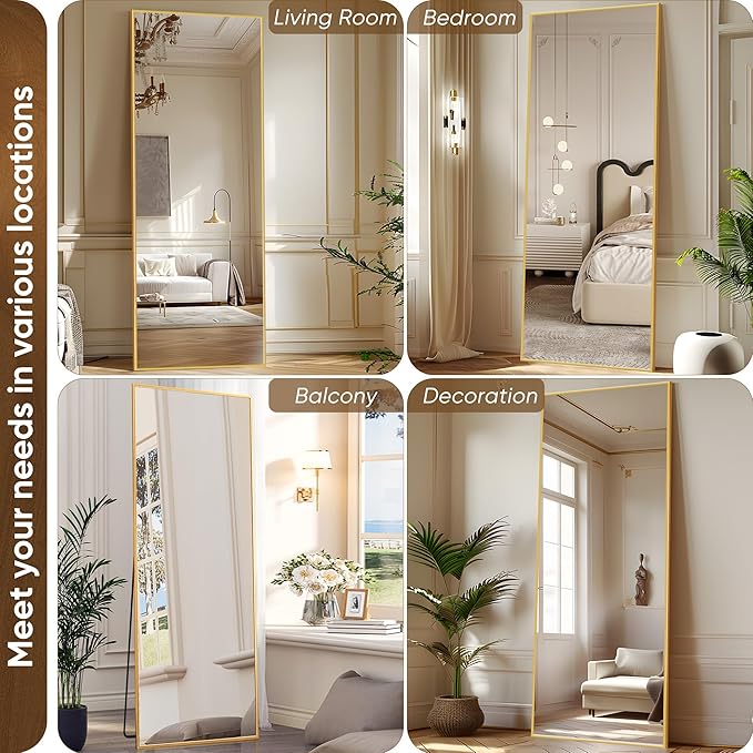 Antok Full Length Mirror, 58"x18" Floor Mirror with Stand, Hanging Mounted Mirrors for Bedroom, Living Room, Cloakroom, Dining Room, Gold, Rect