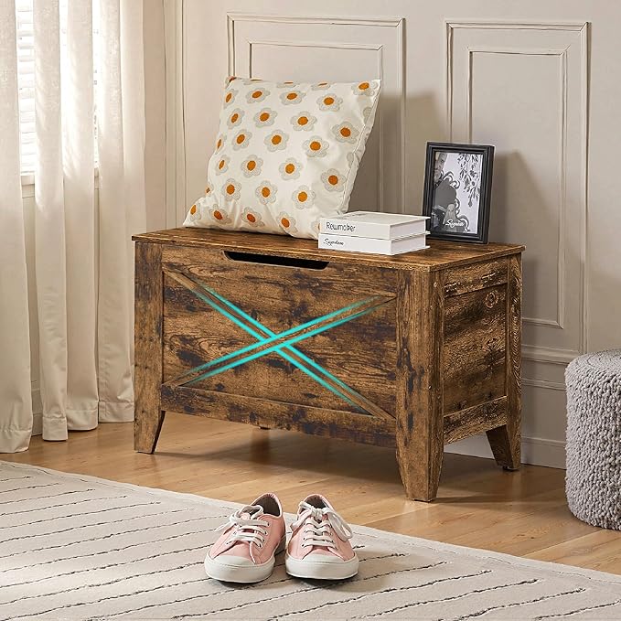 VECELO 30" Farmhouse Style Storage Bench, Entryway Shoe Ottoman, with Handwoven Cushion, with Metal Safety Hinges, for Bedroom, Living Room, Entryway, Brown