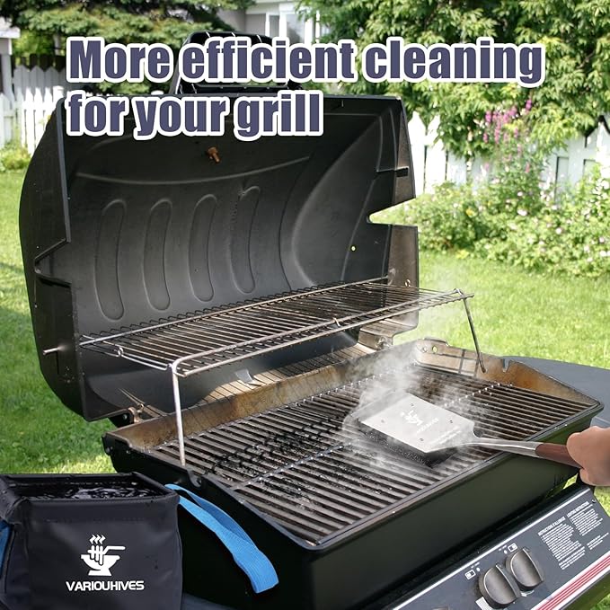 Bristle-Free Grill Brush with Steam Cleaning - Heat-Resistant Aramid Fiber Pad & 1 Replaceable Head 16 Inch Long Wood Handle- Safe for All Types Grills,Ideal Gift for Dads