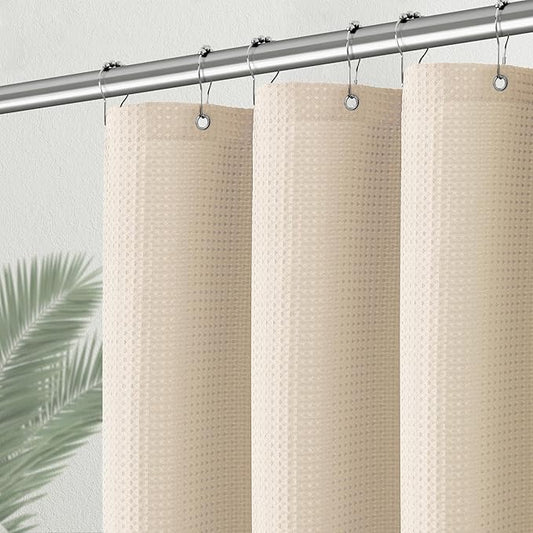 Beige Fabric Shower Curtain - Waffle Textured Heavy Duty Shower Curtains for Bathroom, 256GSM Hotel Spa Luxury Weighted Bath Curtain with 6 Hooks, 36x72, Beige