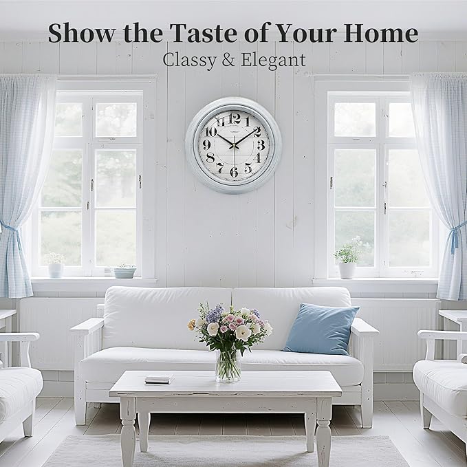 TAHEAT Wall Clock, 10 Inch Vintage Retro Blue Silent Non Ticking Battery Operated Wall Clocks Decorative for Living Room Bedroom Kitchen Bathroom Office