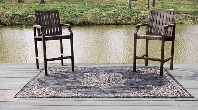 Unique Loom Outdoor Traditional Collection Area Rug - Antique (9' x 12' Rectangle, Charcoal Gray/ Natural)