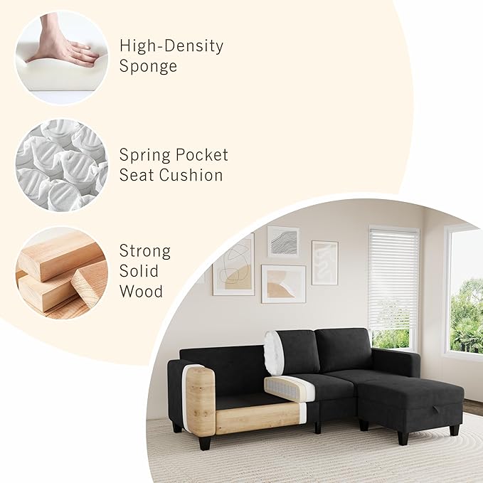 Sectional Sofa Couches for Living Room - Black 3 Seat L-Shaped Couch with Storage Ottoman, Comfy Velvet Convertible Sectionals Sofas with Chaise for Apartment, Office, Small Space