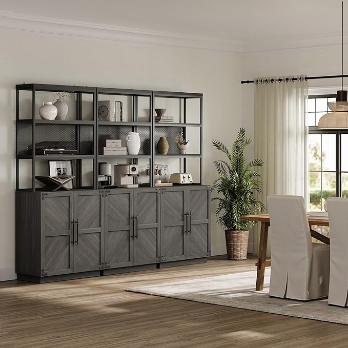 SICOTAS Tall Bookshelf with Storage Cabinet - Modern Book Shelf with Doors and Shelves, 5 Tier Bookcase with Metal Frame Industrial Large Book Case for Home Office, Living Room, 75 Inch, Ash Ash Gray