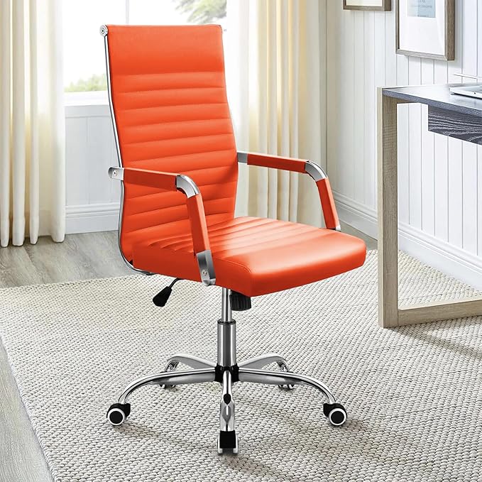 Furmax Ribbed Office Desk Chair Mid-Back Leather Executive Conference Task Chair Adjustable Swivel Chair with Arms (Orange)