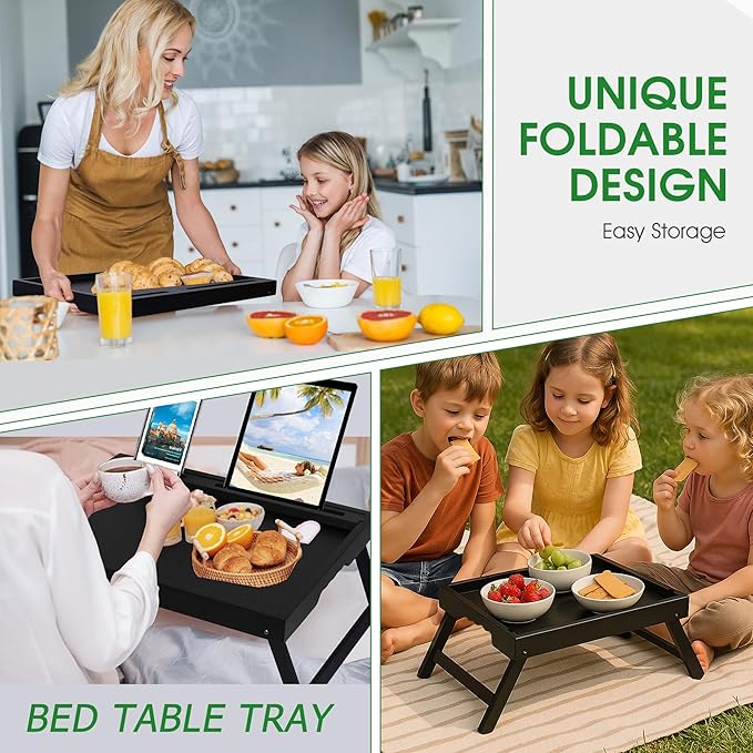 Bed Tray Table with Foldable Legs, Breakfast Food Trays for Eating on Couch with Media Slot for Bed, Eating, TV Tray, Kitchen Serving Tray(Black, Medium)