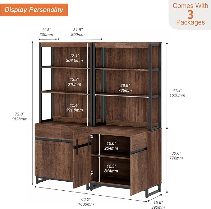 WAMPAT 2 PCS Modern 72" Tall Bookcases with Metal Base and Adjustable Shelves, Library Book Shelf with Storage Cabinet and Open Book Shelfs, Wood Bookshelves for Home Office, Living Room, Brown