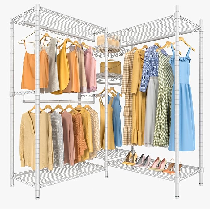 VIPEK L6 Heavy Duty Clothes Rack L Shape Clothing Rack 5-Tier Wire Garment Rack Freestanding Closet with 7 Adjustable Shelves & 4 Hanging Rods, 42" L x 42" W x 76.4" H, Max Load 850LBS, White
