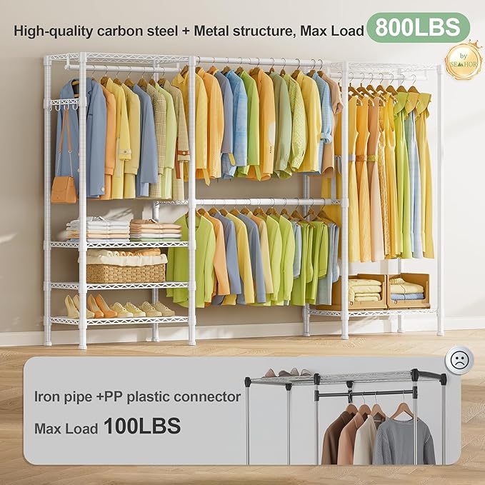 SEMHOR E06 Expandable Heavy Duty Clothes Rack for Reach-in Closet, Freestanding Clothing Racks with Shelves, Carbon Steel Closet Organizer System Adjustable from 70.8-93.9", Max Load 800LBS, White