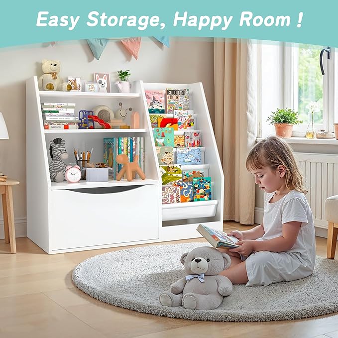 TOETOL Kids Bookshelf & Book Storage,3 Tier Wooden Toddler Bookshelf for Children,Nursery Book Shelves with 6 Sling,Organizer & Book Shelf for Kids Rooms,Bedroom,Playroom White
