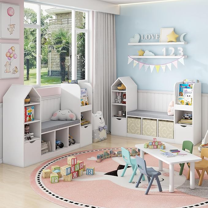 Kids Bookcase and Bookshelf with Reading Nook, Toy Storage Organizer for Kids, White Bookcase with 7 Storage Cubbies 2 Movable Drawers and Seat Cushion for Children's Room, Playroom