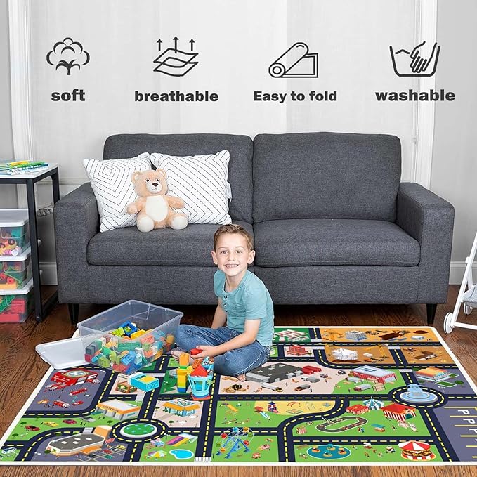 Kids Rug Playroom Car Rug Play Mat City Life Road Rug for Cars Fun City Map for Track Toys,Carpet for Bedroom Boys (city01, 4×6ft/47×70in)