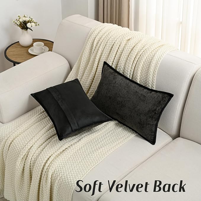 FUTEI Black Chenille Throw Pillow Covers 12x20 Inch Set of 2,Soft Cozy Bound Edge Design Lumbar Pillow Cases,Home Decor for Couch Bed Living Room