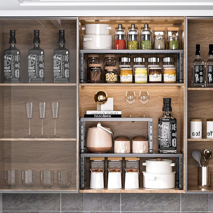 Cabinet Shelf,Expandable Adjustable Stackable Kitchen Organizer,for cabinets, Kitchens, countertops, bathrooms Shelf Organizer(1Pack/Black,Medium)