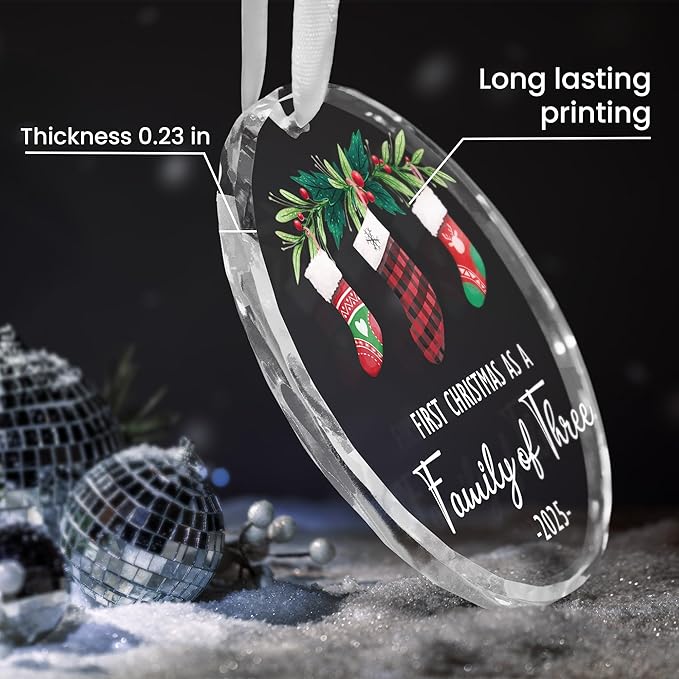 Baby’s First Christmas Ornament 2025 – Christmas Tree Decoration Glass Ornaments - Family of Three Ornament Gifts for New Parents, New Mom Dad Gift, Christmas Tree Decoration Keepsake