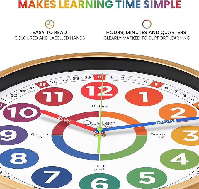 Oyster&Pop Extra Large Learning Clock for Kids - 14 Inch Silent Analog Classroom Clock - Kids Room Decor - Makes Teaching Time Easy