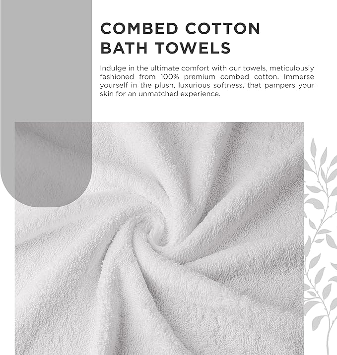 600 GSM 100% Cotton Bath Towels, White, Set of 2, Highly Absorbent, Plush, Soft, Quick Dry, 2 Pieces Combed Cotton Luxury Towels for Hotels, Spa, Salon, Bathroom, Dorm, Pack of 2