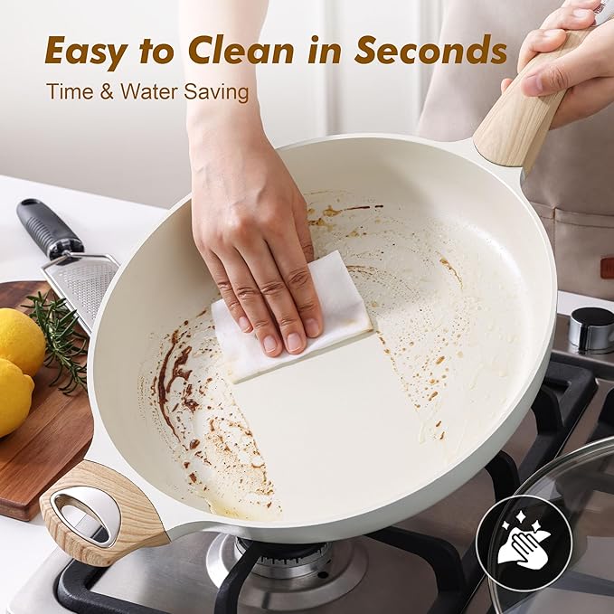 SENSARTE Ceramic Nonstick Frying Pan Skillet with Lid 12.5Inch Large Non Stick Non-toxic Healthy Kitchen Cooking Chef's Pan, Free of Intentionally Added PFOA/PFAS/PTFE, Induction Compatible, White