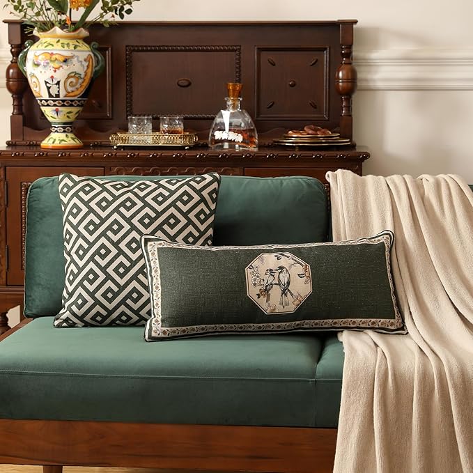 Design Linen Classic Vintage Throw Pillow Covers 18"x18" Pack of 2, Minimalist Square Cushion Covers with Green Irregular Plaid Pattern Decor Pillowcases for Bed,Living Room,Outdoor,Car