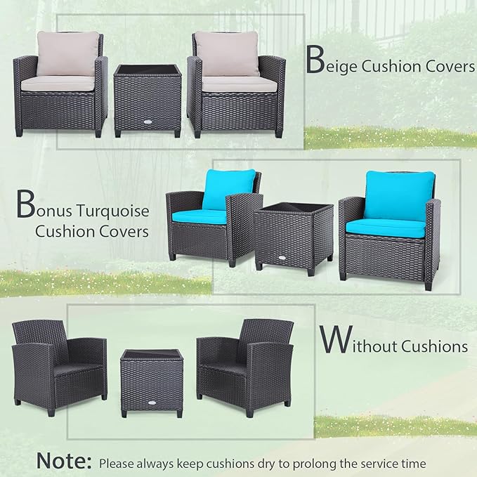 Tangkula 3 Pieces Patio Furniture Set, PE Rattan Wicker 3 Pcs Outdoor Sofa Set w/Washable Cushion and Tempered Glass Tabletop, Conversation Furniture for Garden Poolside Balcony (Beige/Turquoise)