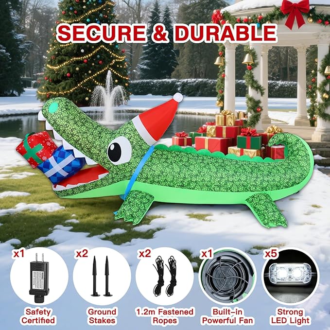 9.3 FT Christmas Inflatable Outdoor Decorations, Inflatables Christmas Crocodile Yard Decor with Christmas Hat & Gift Box, Built-in LED Lights Blow up Xmas Alligator for Outside Lawn Garden Indoor