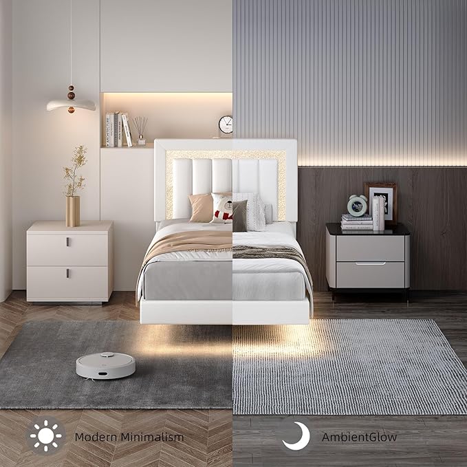 HOMBCK Floating Twin Bed Frame with Smart LED Lights, Faux Leather Upholstered Platform Bed with Diamond Headboard, No Box Spring Needed, Noise-Free, Easy Assembly, White