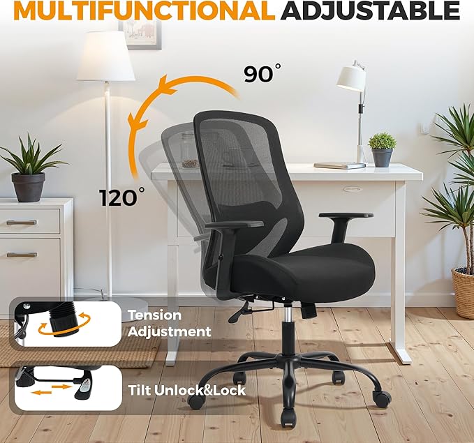 Big and Tall Office Chair, 450LBS Ergonomic Mesh Desk Chair with Adjustable Lumbar Support, 5" Thickened Foam Seat Computer Chair Over 10 Hours Comfortable, Heavy Duty Executive Task Chair