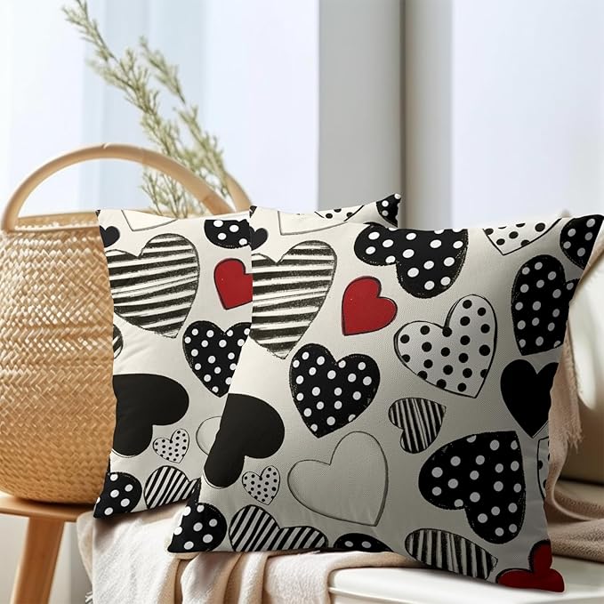 Kawani Valentines Day Pillow Covers 20x20 Inch Black and White Heart Outdoor Decorative Throw Pillow Covers Set of 2 Valentine's Day Pillowcases Farmhouse Cushion Covers for Couch Sofa Decor