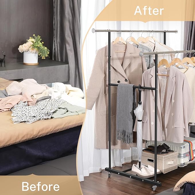 Clothes Rack, Double Clothing Rack with Wheels and Extra Wide Bottom Shelf, 52.36’’ Heavy Duty Garment Racks for Hanging Clothes, Coats, Shirts, Skirts, Dresses, 130LB Capacity, Black