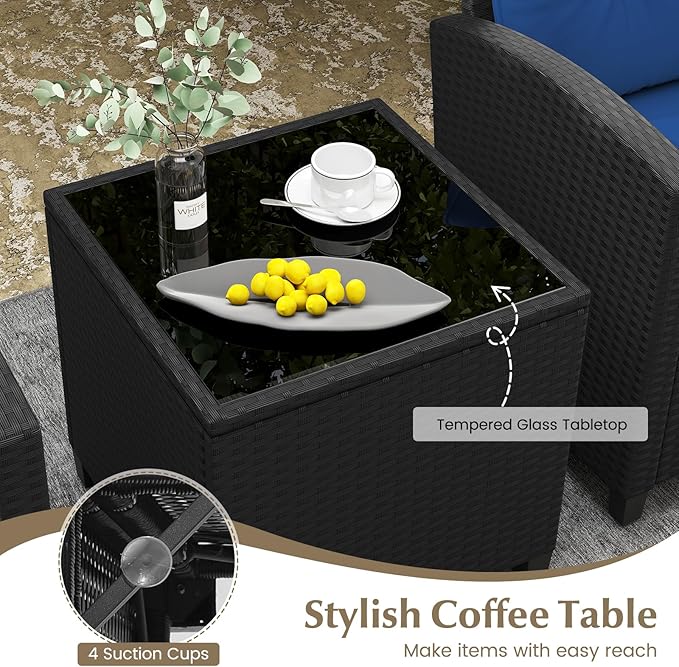 RELAX4LIFE 3-Piece Patio Furniture Set - Wicker Rattan Bistro Sofa w/Glass Top Coffee Table, Washable Cushions for Porch Balcony Backyard Poolside, Outdoor Conversation Set (Navy)