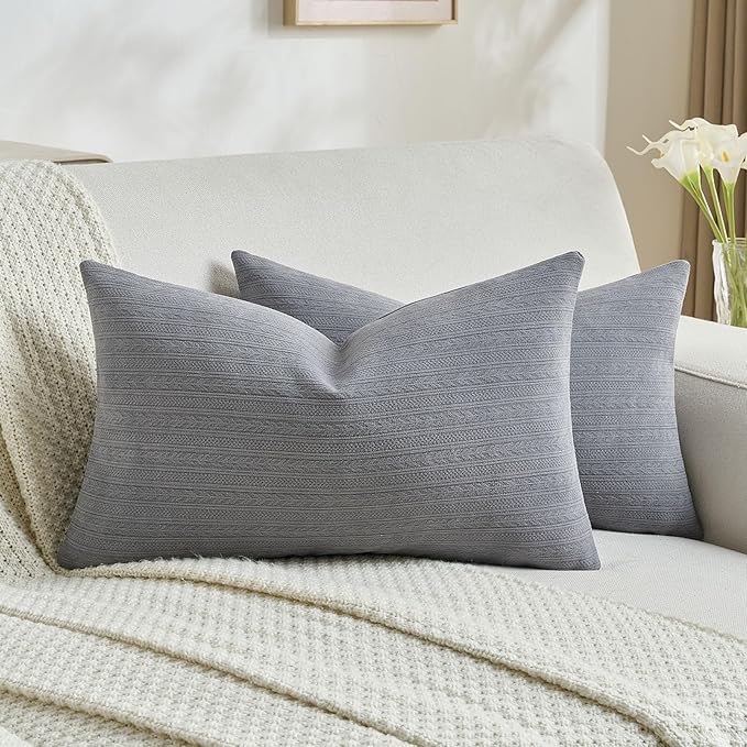 FUTEI Dark Grey Decorative Throw Pillow Covers 12x20 Inch Set of 2,Soft Cozy Wheat Ear Striped Patterns Lumbar Pillow Cases,Modern Home Decor for Couch Bed Living Room