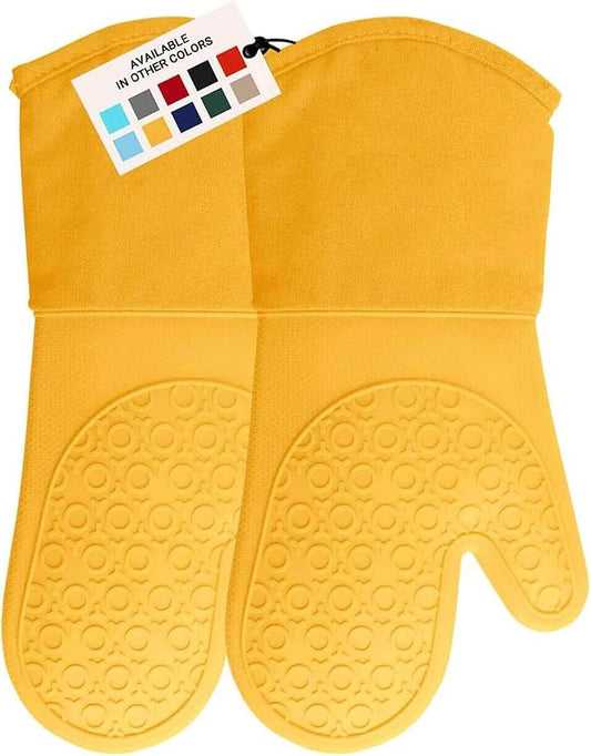 BPA-Free Soft Silicone Oven Mitts - Ultra Heat Resistant Oven Mitts with Thick Cotton Liner - Long Slip Resistant Pot Holders, Flexible Oven Gloves - Yellow 13.7"