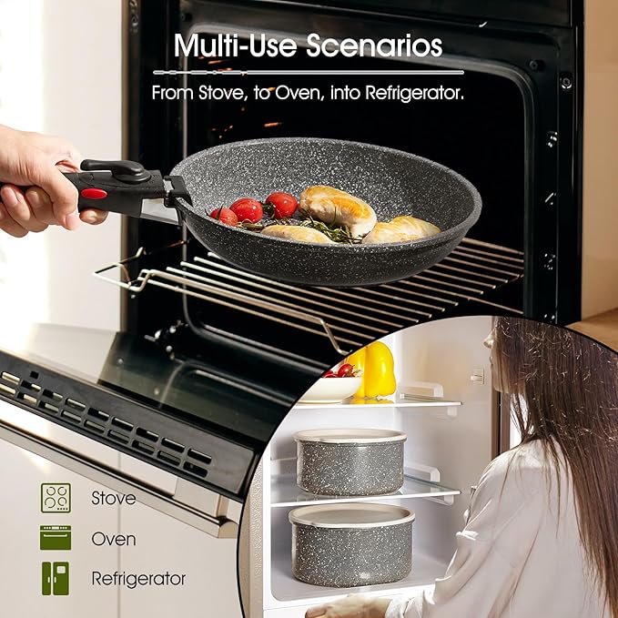 7pcs Pots and Pans Set Non Stick from France, Ceramic Cookware Set with Removable Handle, Induction RV Kitchen Cookware Set, Stackable, PFOA and PFAS Free, Oven Safe, Black Granite