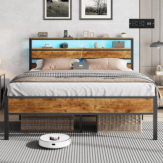 Hasuit Queen Bed Frame with Headboard LED Lights, Queen Size Bed with Charging Station 2-Tier Storage Shelves, Metal Platform Bed with Heavy Duty Slat, Fast Assembly, No Box Spring Needed, Noise Free